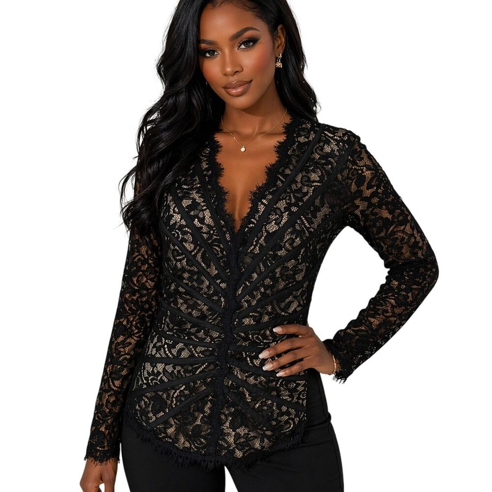 Tadashi Collection Black Lace Top Size 8 V-Neck Overlay Elegant Evening Blouse